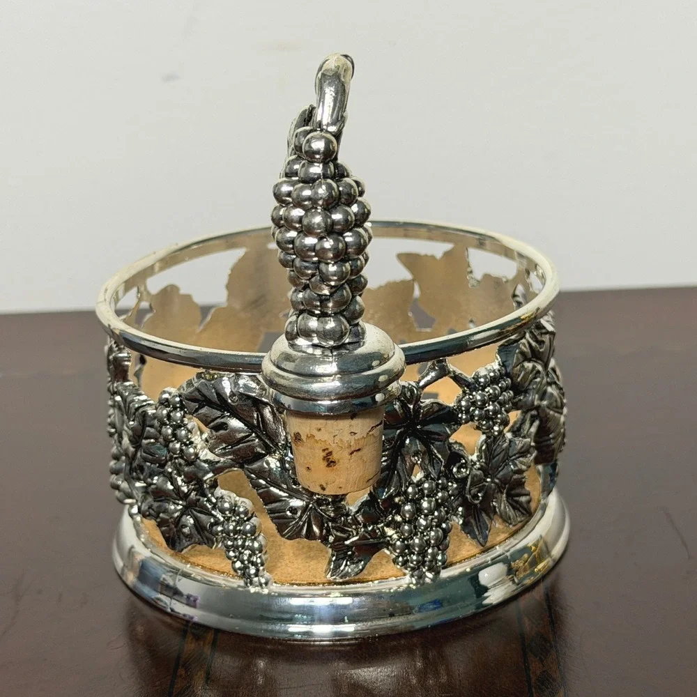 Vintage Godinger Silver Grapevine Wine Coaster Stopper Set Ornate Tuscan Barware